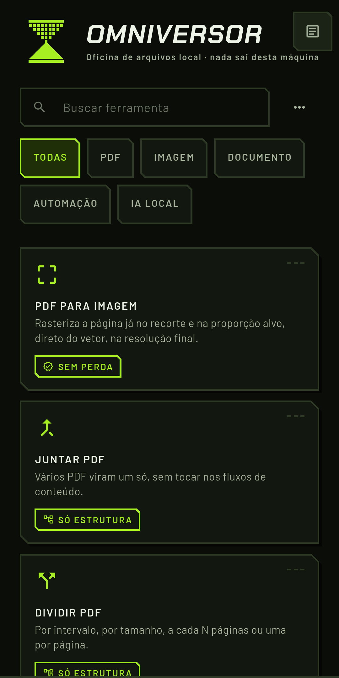 A grade de ferramentas do OmniVersor, com o selo Sem perda em cada card.
